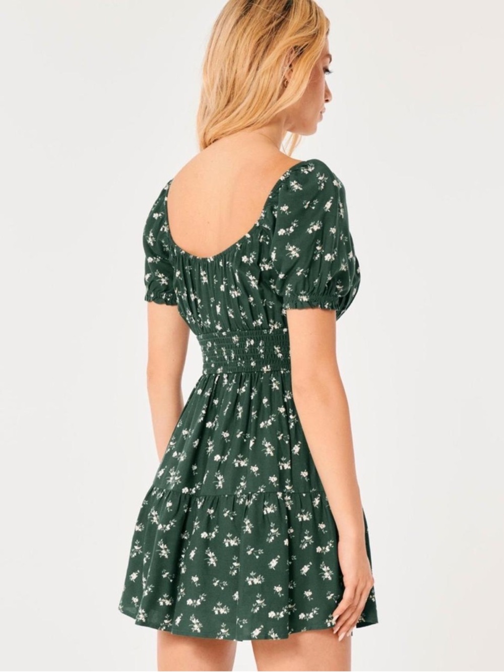 Hollister Green Floral Smocked Mini Dress Short Puff Sleeve with Shorts! - Picture 1 of 8